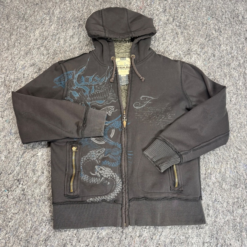 American Rag Cie Mens Sherpa Lined Full Zip Hoodie Dragon Snake Graphic Black M